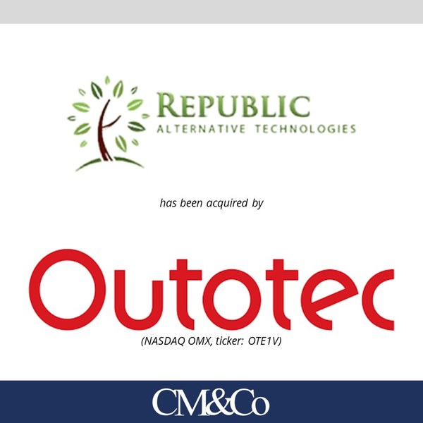Republic Alternative Technologies transaction tombstone